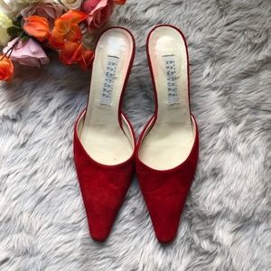 Barneys New York Red Suede Kitten Heel Mules